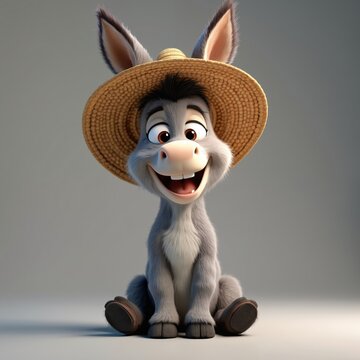 Smiling cartoon donkey wears straw hat. This cute animal has grey fur and big eyes. It sits looking happy and ready for farm work or adventure.