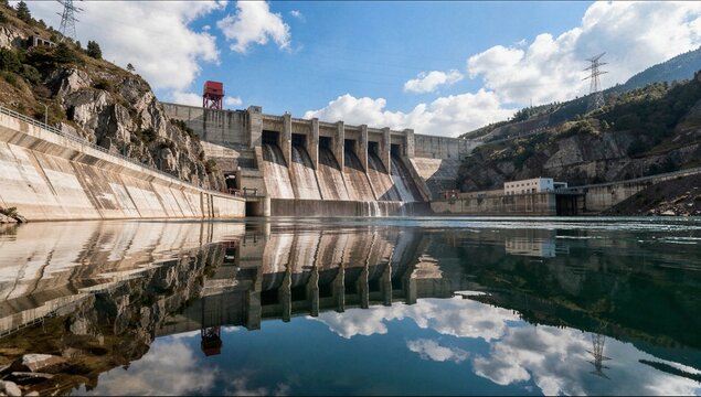 A large concrete hydroelectric dam structure spans a mountain valley with water flowing down and reflecting in the clear reservoir below sky
