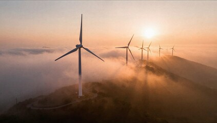 Obraz premium A picturesque row of wind turbines on a misty mountain ridge glowing under the warm light of an early morning sunrise
