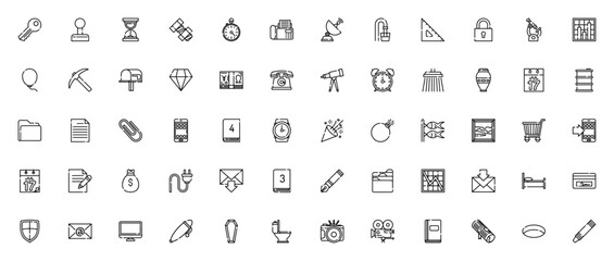 Objects Flaticon Emojis vector icon set. Minimal line icons pack including key, joystick, hourglass, bolt, smartphone, book, calendar, money bag, email, shield and more. Editable stroke.