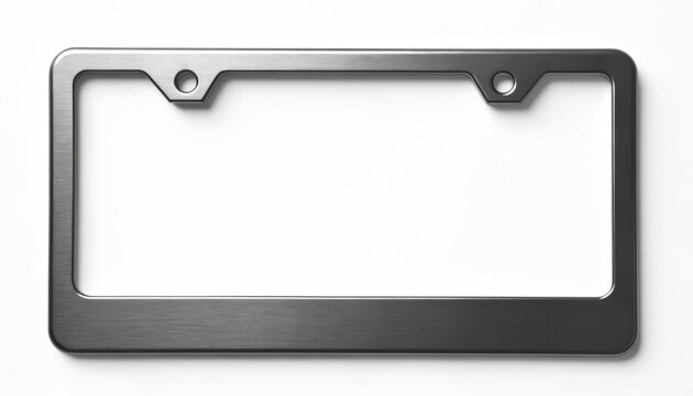 Metal license plate frame on white background. Blank border for car identification. Modern automotive accessory for road travel and driving.