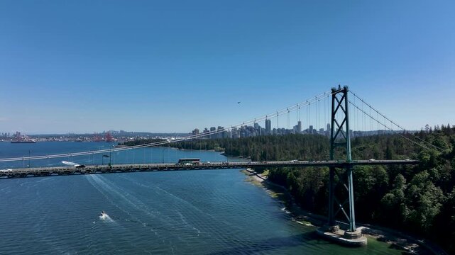 Drone Lions Gate Bridge with Downtown Vancouver Skyline, British Columbia Canada