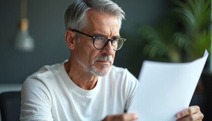 Focused elderly man with glasses reads documents carefully. Senior business person examines papers in office. He concentrates on text, making decisions for career growth and success.