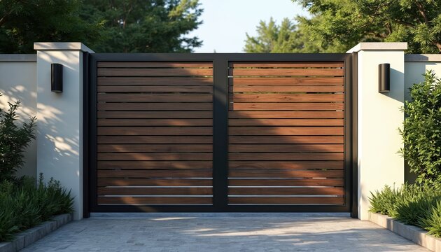 Modern wooden gate with sleek design installed at residential property entrance. Double gates feature horizontal wood slats framed by dark metal. Home exterior details include stucco walls, modern