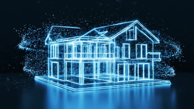 Glowing digital house model with bright neon outline and scattered particles floating around