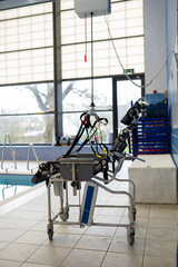 Swimming pool hoist lift system designed for people with disabilities. Assistive equipment enabling...