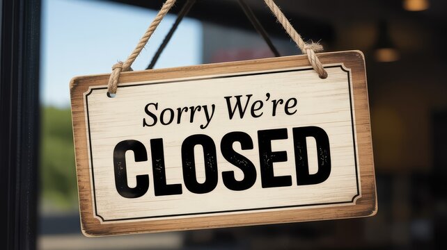 A vintage style wooden sign with the message Sorry We are CLOSED hanging on a glass door with rope indicating a business is shut