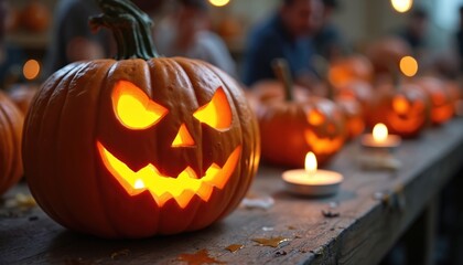 Fototapeta premium Carved Halloween pumpkins with glowing faces sit on a wooden table, illuminated by candles. People in soft focus gather in the background. Festive autumn scene.