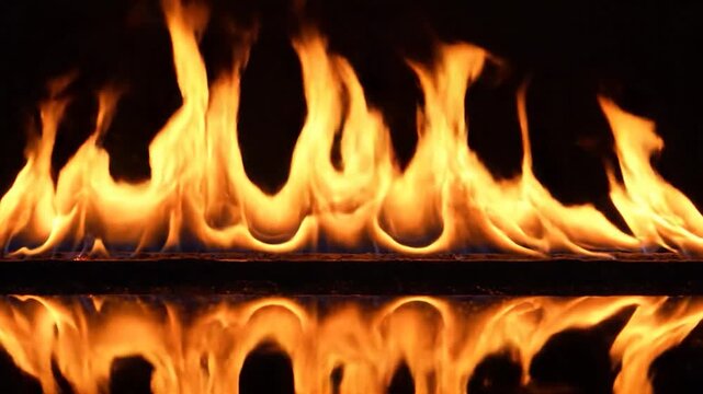 Vibrant flames reflected on a dark surface creating a mirror-like effect.