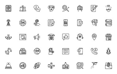 Contact us icon set. Vector communication symbols pack. Includes mail, phone, chat, support, email, feedback, location and more. Editable stroke.