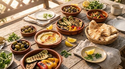 Delicious Mediterranean Feast with Hummus, Grilled Vegetables, and Pita Bread