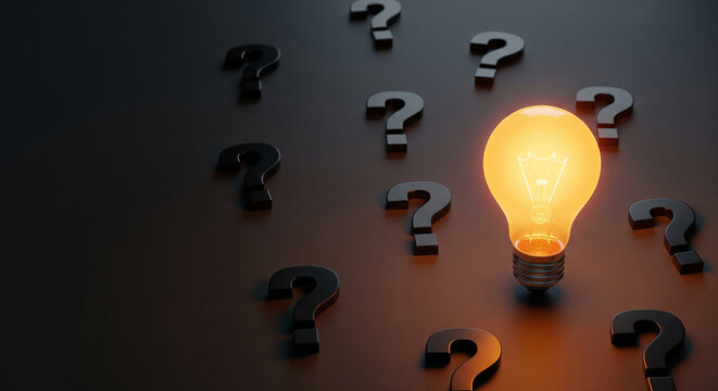 Glowing lightbulb surrounded by scattered question marks perfect for finding answer and creative problem solving