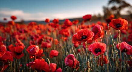 Vibrant Poppy Field - Red Blooms Under a Cloudy Sky, Serene Landscape.