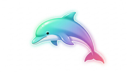 Colorful dolphin jumping out of water with gradient hues of green blue purple and pink isolated on white background