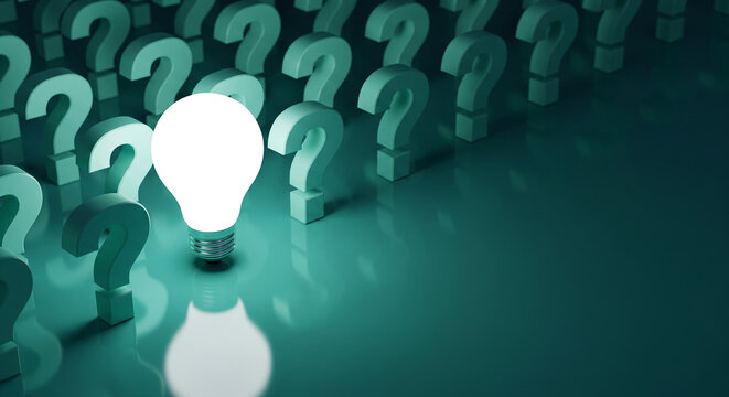 Bright white lightbulb standing among green question marks perfect for creative idea generation and smart business solution