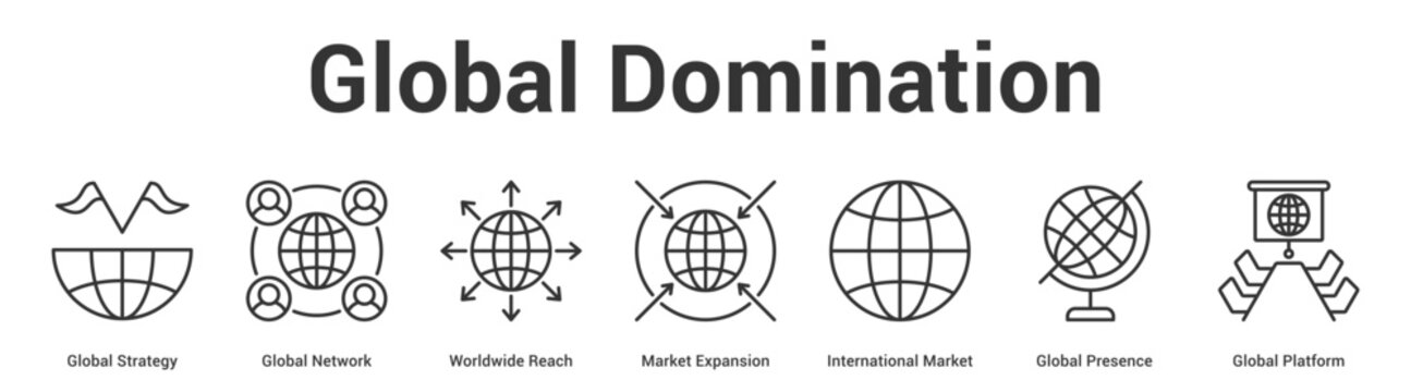 Global Domination web banner icon set vector illustration concept for business with icon of Global Strategy, Global Network, Worldwide Reach, Market Expansion, International Market, Global Presen.