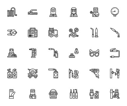 Welder icon set. Vector tool and safety equipment collection. Includes welder, pliers, gauge, valve, safety glasses, glove and more. Editable stroke.