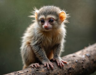 Fototapeta premium Tiny pygmy marmoset monkey sits on a thick tree branch. Its fluffy fur and big eyes capture attention. This small primate looks alertly into the distance. Focus on wild animal in nature.