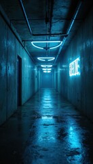 Fototapeta premium Long concrete corridor with blue neon lights and pipes. Wet floor reflects glowing illumination. Dark industrial hallway with minimal design.