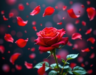 Velvety Red Rose with Floating Petal Fragments Soft Light