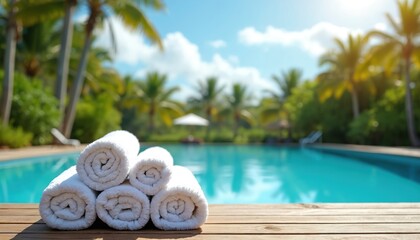 Obraz premium Rolled white towels sit near clear blue pool water. Palm trees and green foliage surround tropical resort. Bright sunny day with blue sky and clouds.