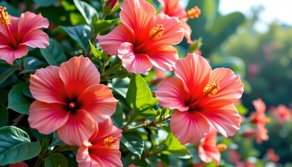Vibrant Tropical Hibiscus Garden Soft Sunlight