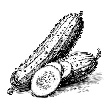 Detailed hand-drawn sketch illustration of fresh green cucumbers, both whole and perfectly sliced, capturing the essence of organic healthy vegetables in a classic artistic style for adobe stock