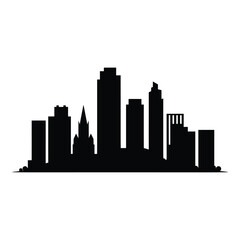 A stark black silhouette of a modern city skyline against white