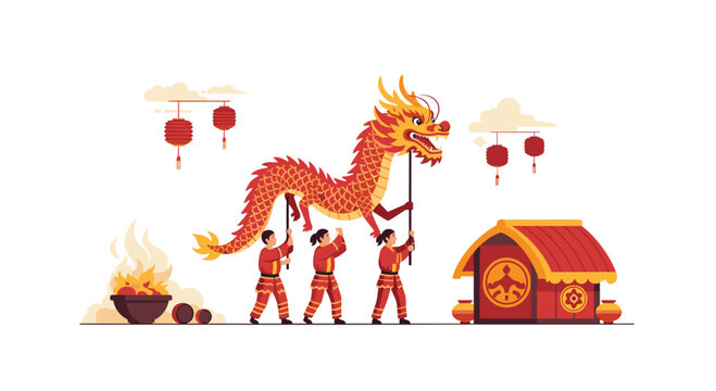 Three performers in red traditional costumes holding poles to manipulate a long red and orange dragon during a festival with lanterns and a fire.