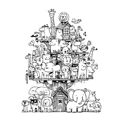 Obraz premium Zoo Animals Standing on Treehouse with Various Species