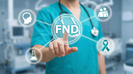 Medical professional in teal scrubs interacts with a glowing FND digital display showing brain suppo