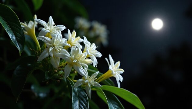 White cestrum nocturnum flowers bloom at night under full moon. Fragrant plant in garden detail with dark background. Evening botanical beauty.