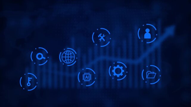 A deep blue digital interface with a blurred financial graph and a map background featuring bright blue technology for AI search globe wrench gear and folder