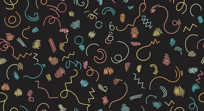 Abstract Colorful Scribbles and Doodles Pattern on Dark Background.