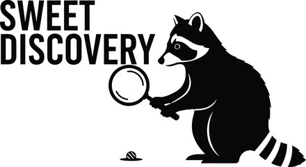 Funny raccoon detective illustration with sweet discovery text, black and white minimalist trash panda holding a magnifying glass investigating food. © HALALGD