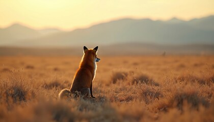 Fototapeta premium Solitary fox sits in dry grass looking at distant mountains during golden hour sunset. Animal gazes over tundra landscape. Evening light warms the wild scene. Fox observes the vast open terrain.