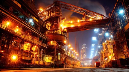 Obraz premium Illuminated Industrial Complex at Night: Steel Mill Production, Industry, Factory