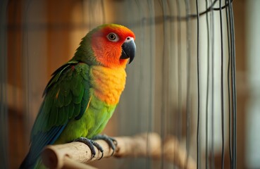 Obraz premium Colorful parrot sits on wooden perch inside metal cage. Bird has bright green body orange and yellow chest and head. Pet looks out of frame at unseen object. Small tropical animal rests on bar.