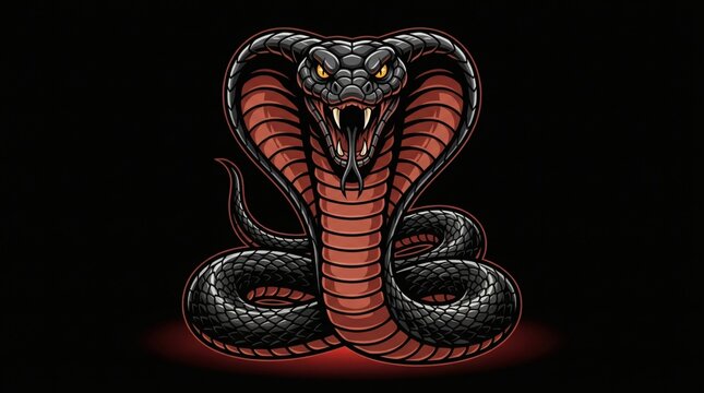A stylized cobra with a flared hood, black scales, and red accents, depicted in an aggressive pose with an open mouth and sharp fangs.