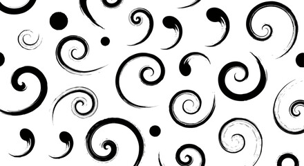 Black Swirls and Dots Pattern on White Background.