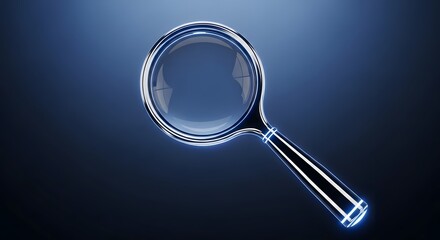 A magnifying glass with a glowing blue outline on a dark background
