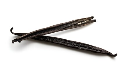 Two Vanilla Pods with One Split Open Isolated on White Background, Natural Flavor Ingredient