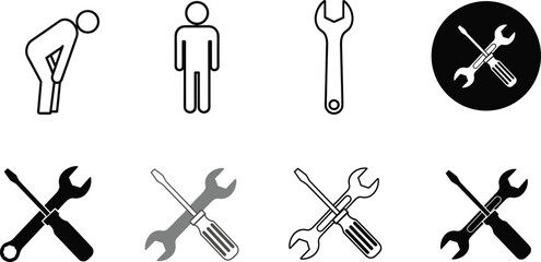 Obraz premium Black and white tool icons, wrench, screwdriver, maintenance symbols, repair illustration, technical support, engineering design, construction, service, equipment graphics