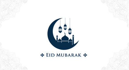 Eid Mubarak greeting, crescent moon mosque, Islamic festive lanterns, traditional celebration design, cultural holiday artwork, elegant floral pattern, religious festival illustration © Manharul