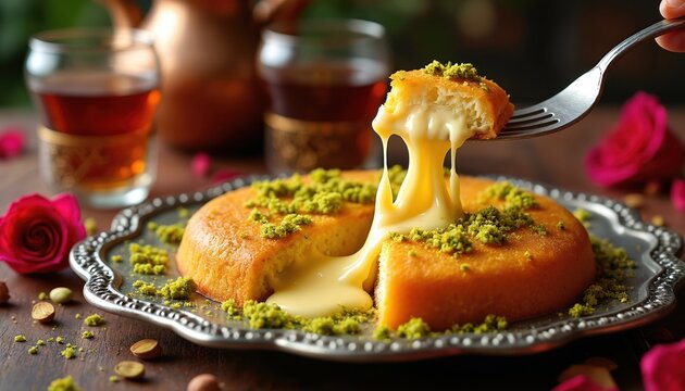 Melted cheese stretches from warm kunefe pastry topped with pistachios. Served on ornate plate with roses and tea. Delicious middle eastern dessert.
