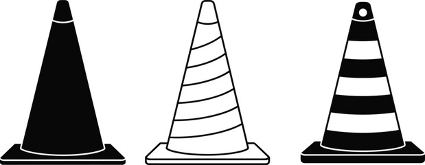 Set of Three Traffic Cone Vector Icons in Solid Black and Outline Styles for Road Safety Construction Site Warning and Maintenance
