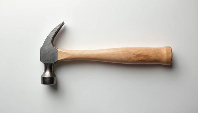 Ball peen hammer with metal head and wood handle rests on clean white surface. Single tool for construction or repair work. Essential item for DIY projects.