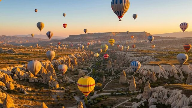 Hot Air Balloons Floating Over a Scenic Landscape at Sunrise.