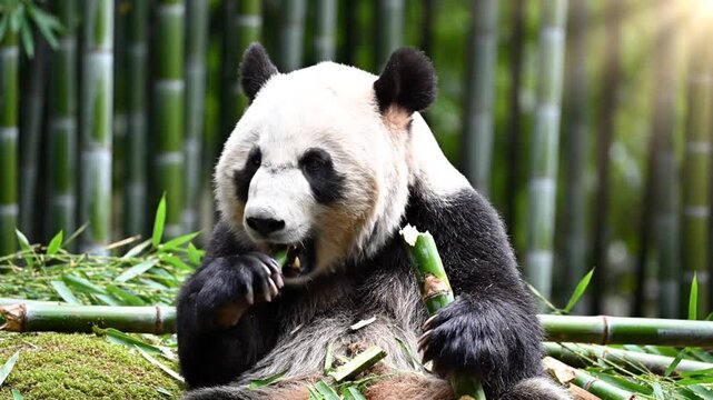 Giant Panda Eating Bamboo in Forest.