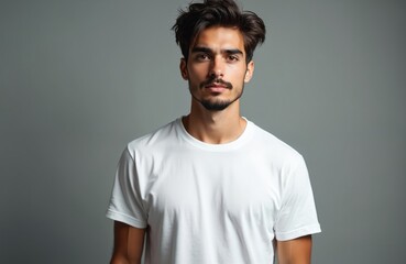 Obraz premium Young man wears plain white t-shirt front view on gray background. Male model with dark hair and stubble stands in studio, blank for design.